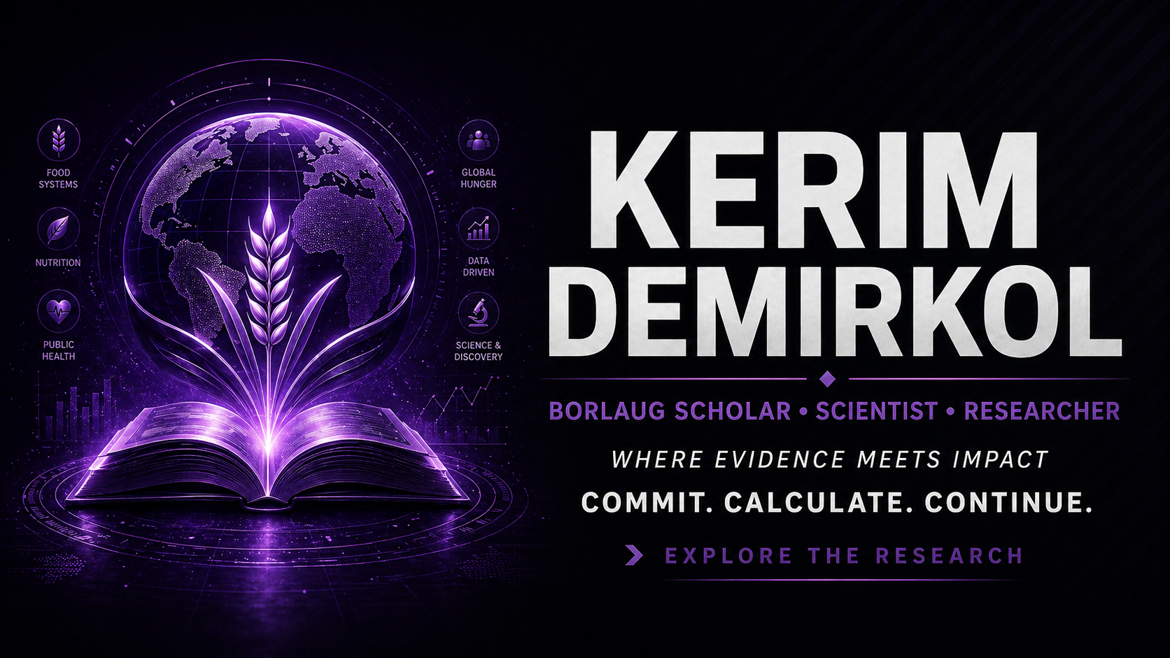 Kerim Demirkol Borlaug Scholar research banner with glowing open book, globe, wheat, food systems, nutrition, public health, and data-driven science themes